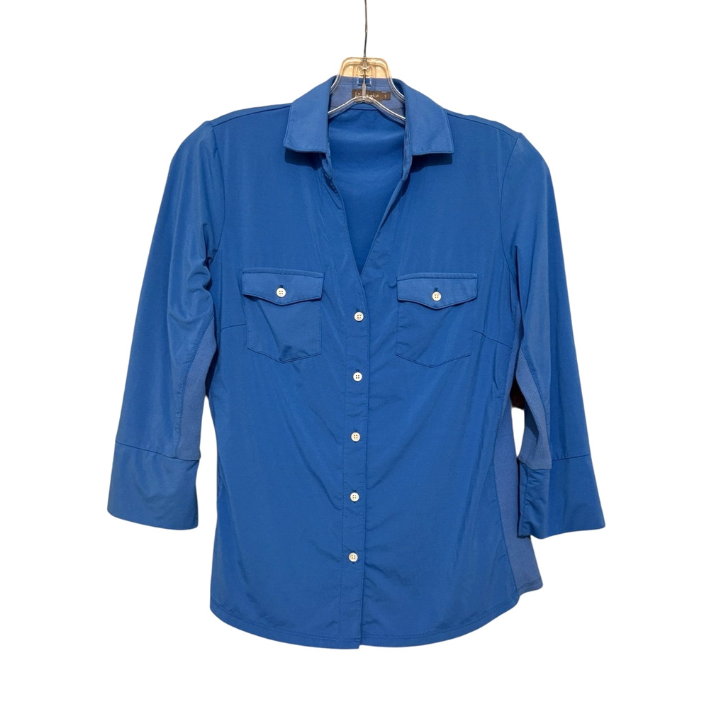 J. McLaughlin Brynn Lyford Jersey Shirt Sm Blue Stretch Button Front 3/4 Sleeve